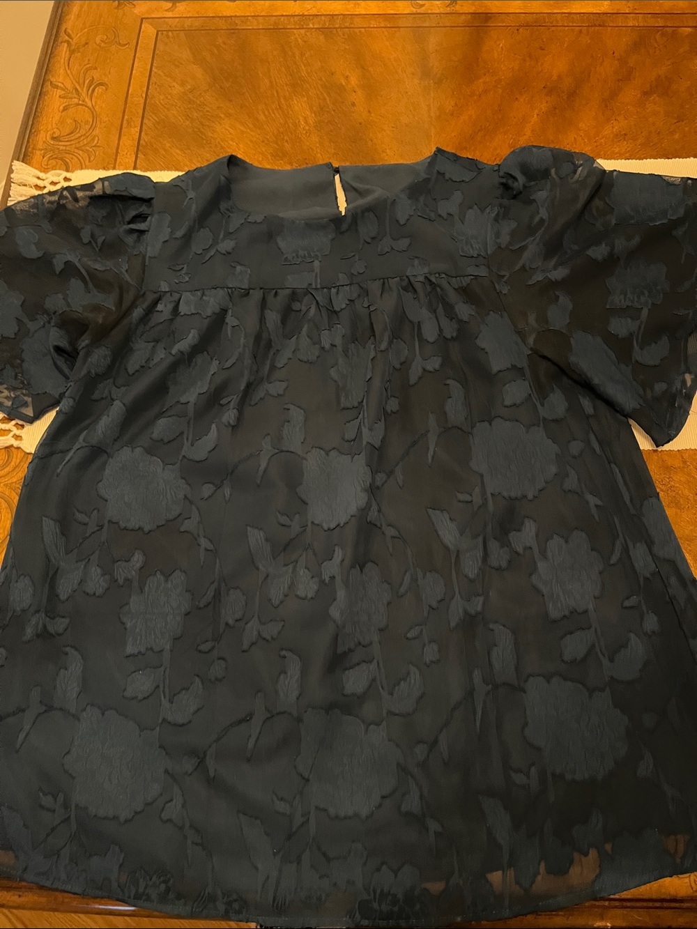 Ladies Navy Floral Textured Short Sleeve Top